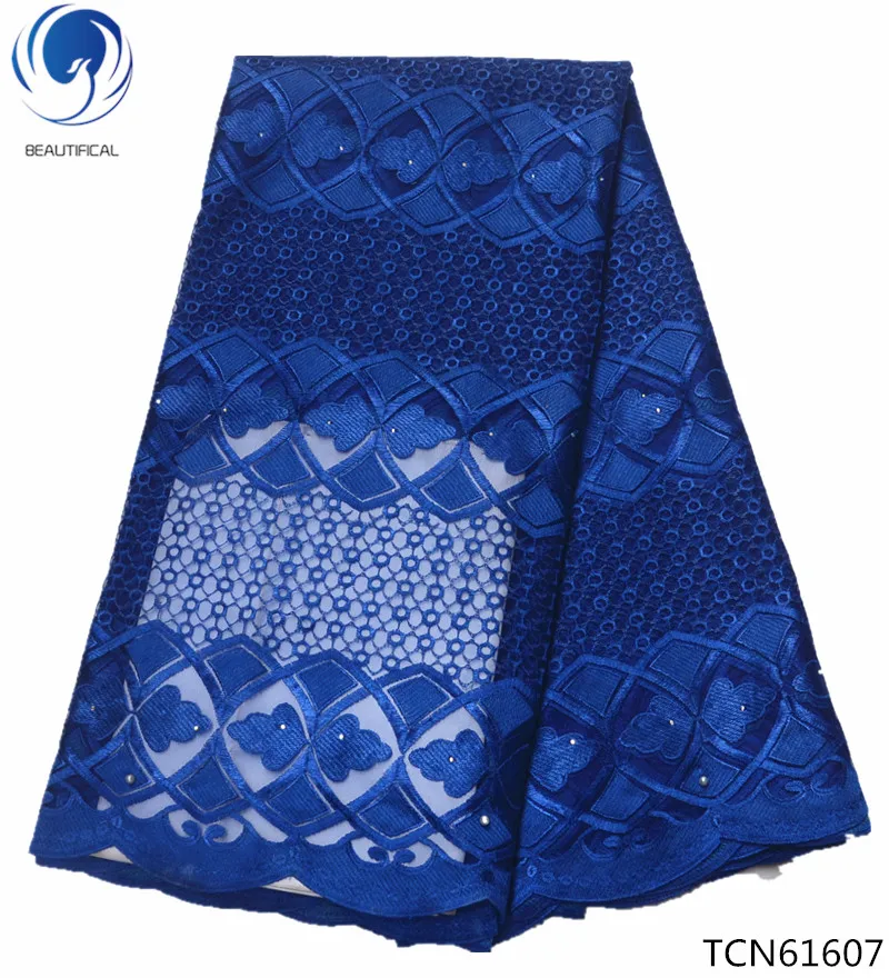 

Beautifical African Laces Fabric Embroidered blue french net lace fabrics with stones for women dress 5yards/lot TCN616