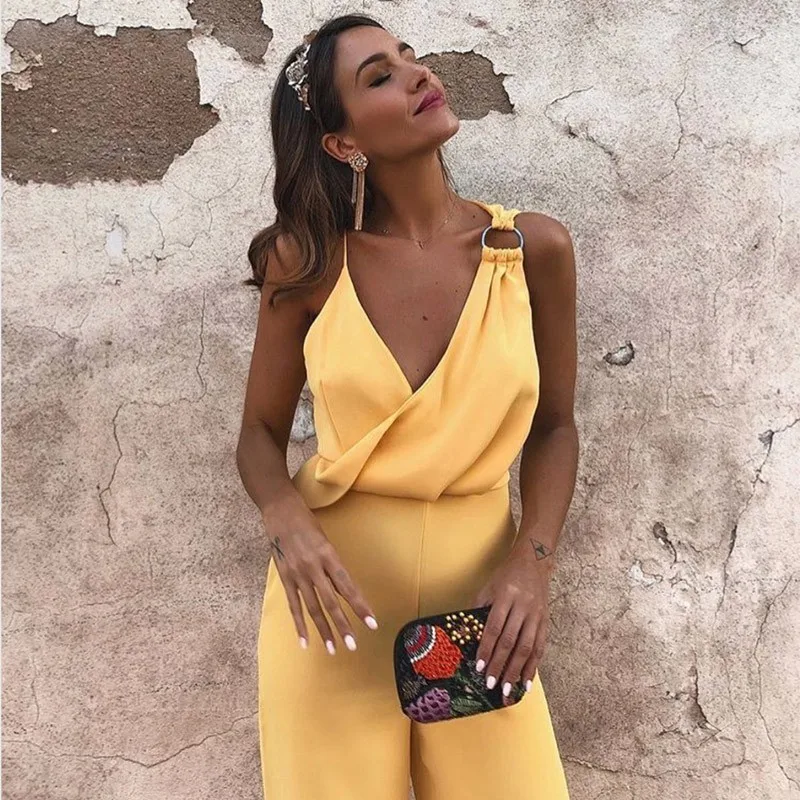 

Elegant Yellow Jumpsuit Women Summer 2019 New Strap Backless Sexy Party Jumpsuit Female Sleeveless Red Casual Jumpsuit For Women