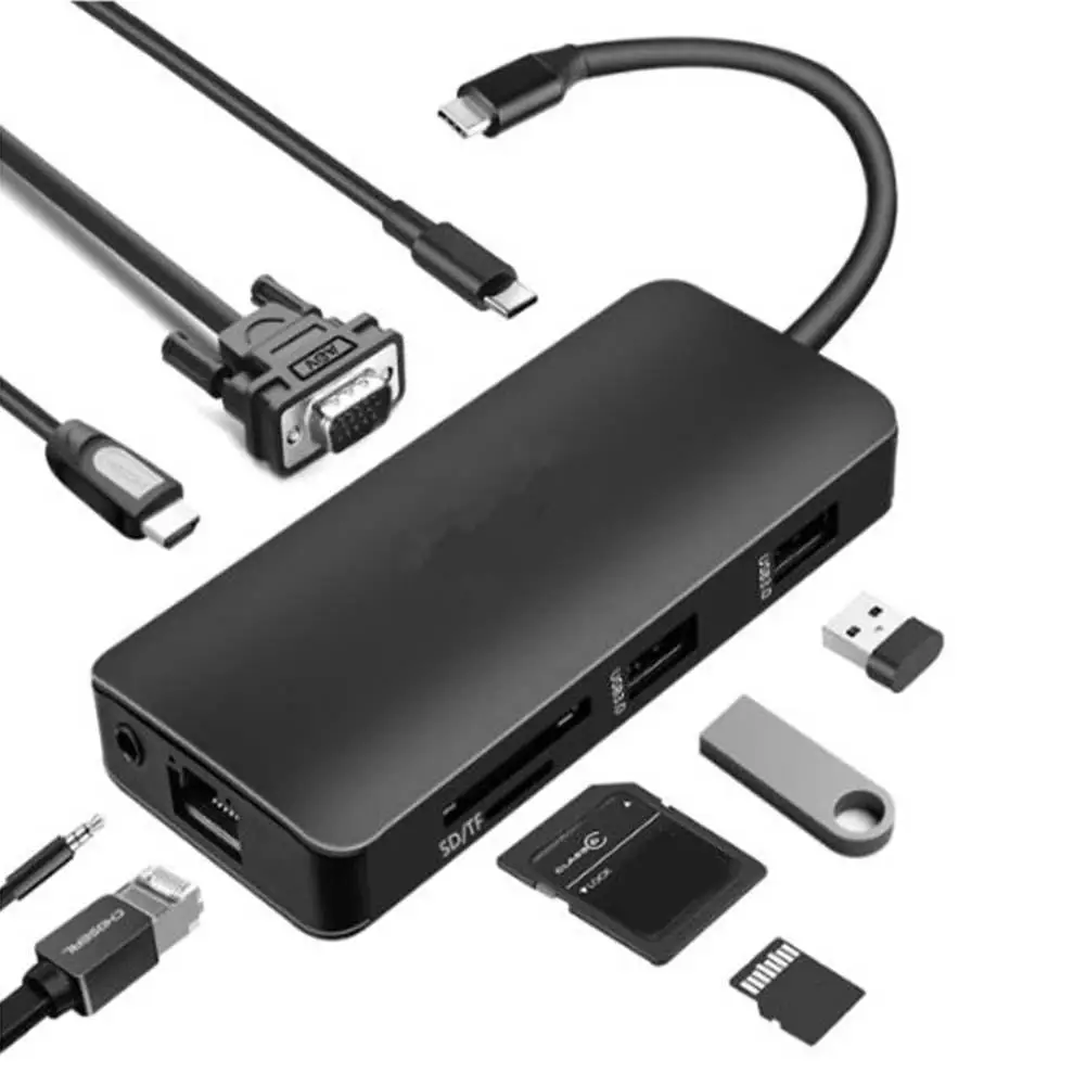 

Type C Hub To HDMI + VGA Output, 2 USB3.0Ports,SD/TF Card Reader ,1000Mbps Network Adapter, Audio Port With PD3.0(100W) Charge