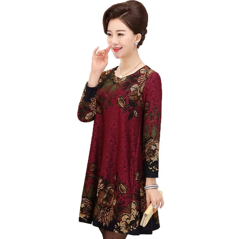 

Fashion Spring Autumn Dress Middle Aged Women Elegant O-neck A-Line Casual Floral Print Party Dresses Vestidos Plus Size