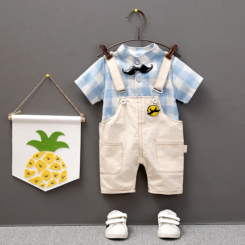 Summer Fashion Boys Girls Infant Clothes gentleman Plaid T-Shirt Bib Pants 2pcs/Sets Cotton Clothing Children Casual Baby suits