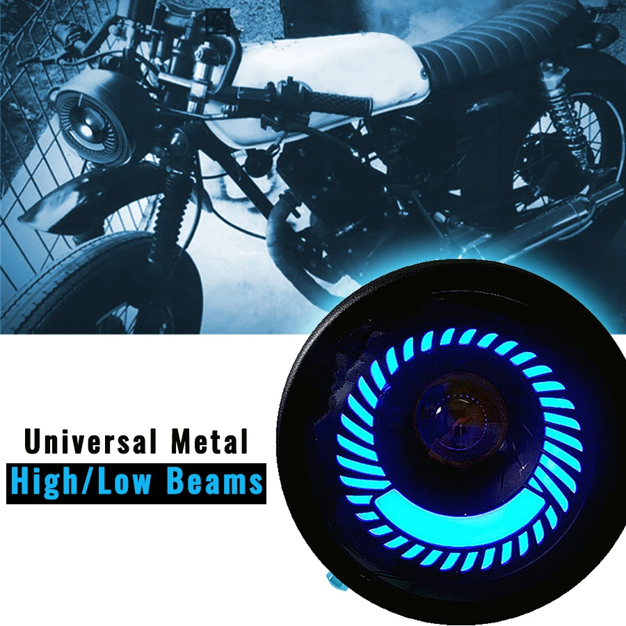 

Motorcycle LED Headlight High/Low Beams Blue Angel Eye Round Classic Metal 12-80V Universal