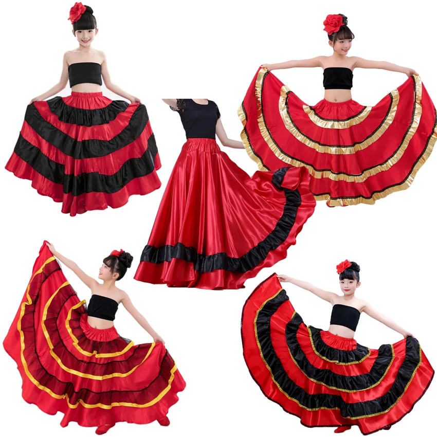 

Princess Girls Spanish Flamenco Dance Costumes Skirt Red and Black Gypst Style Ballroom Belly Dance Dress for Kids Girls