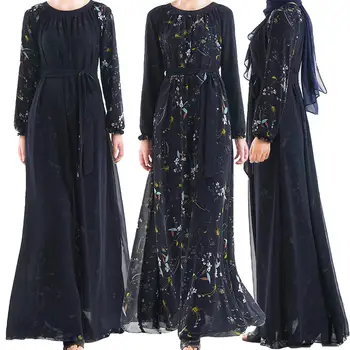 

Abaya Women Muslim Chiffon Long Dress Spring Flower Print Two Sides Wear IslamicTurkey Robe Dubai Maxi Gown With Belt Loose New