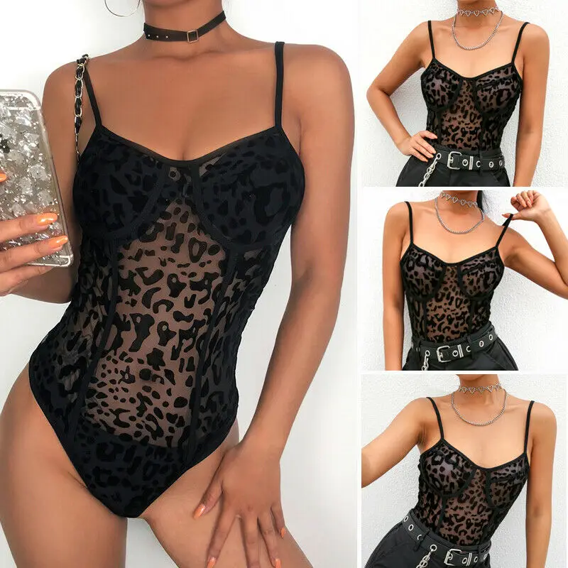 Body Sexy de encaje con estampado de leopardo para mujer, mono transparente de malla con tirantes, mono elástico para fiesta