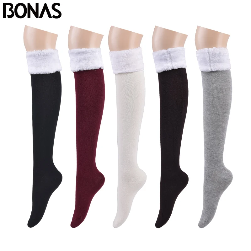 BONAS Knee Stockings Winter Long Warm Stockings Women Over Knee Solid