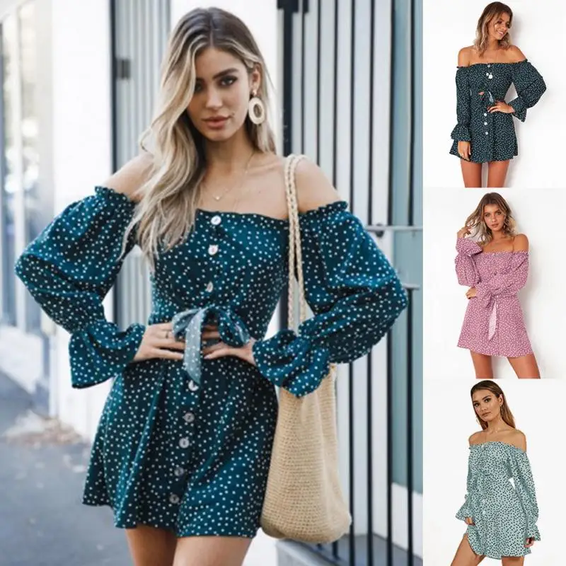 

Women Off Shoulder Dresses 2019 Women Lace-up Polka Dot Dress Button Casual Ruffle Mini Long Sleeve Dresses