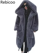 Новинка, зимнее женское пальто из искусственного меха размера плюс, высокое качество, мех кролика, Женская Толстая теплая длинная парка с капюшоном, свободная верхняя одежда