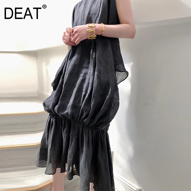 

[DEAT] 2019New Spring Summer Round Neck Sleeveless Pleated Draped Ruffles Irregular Spliced Tank Dress Women Fashion Tide 10C419