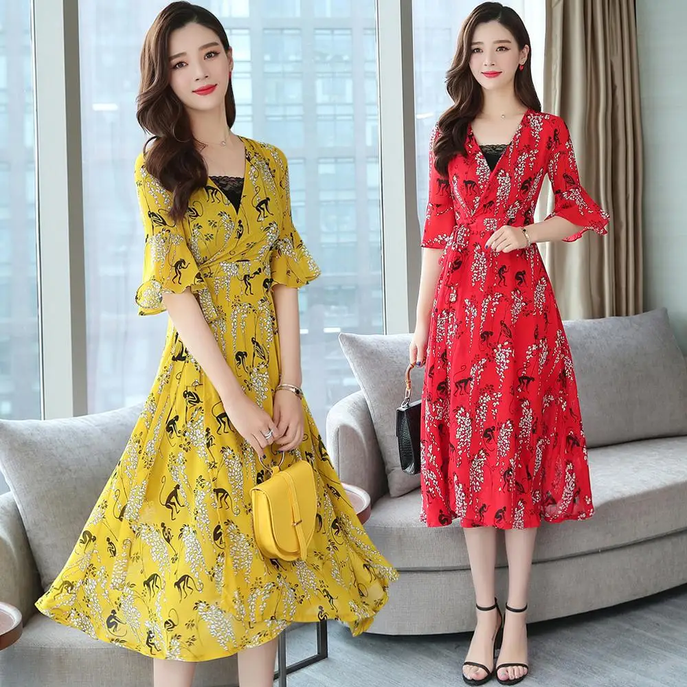 

Red,Yellow Flowers Summer Dress Korean Fashion Women Flare Sleeve Floral Print Long Chiffon Dresses S-XXL