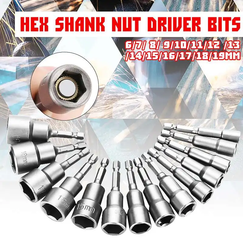 14pcs 6-19mm Socket Magnetic Nut Driver Set Adapter Drill Bit 1//4/'/' Hex Shank .