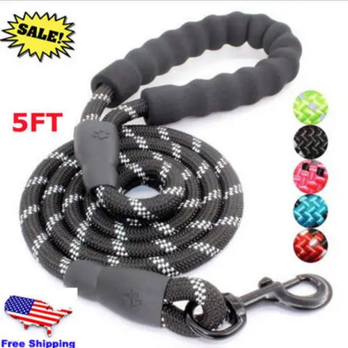 

5FT Strong Dog Leash Climbing Rope Reflective Thread Night Safe Padded Handle US