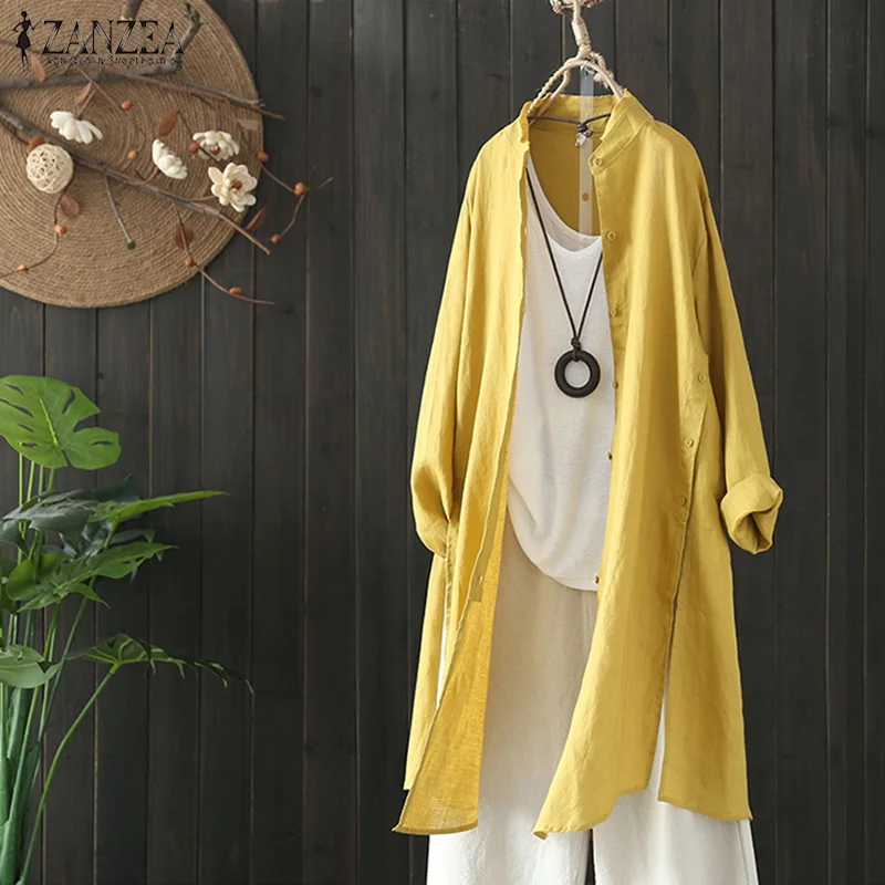 

2019 ZANZEA Women Autumn Long Sleeve Long Shirt Casual Stand Collar Button Down Loose Cardigan Cotton Linen Blouse Femininas Top