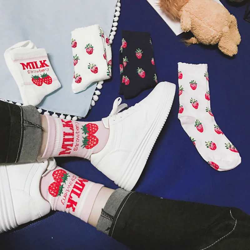 

Woman Strawberry Lace School Concise Joker Long Autumn And Winter Keep Warm Cotton Funny White Socks Women Harajuku Kawaii Pink