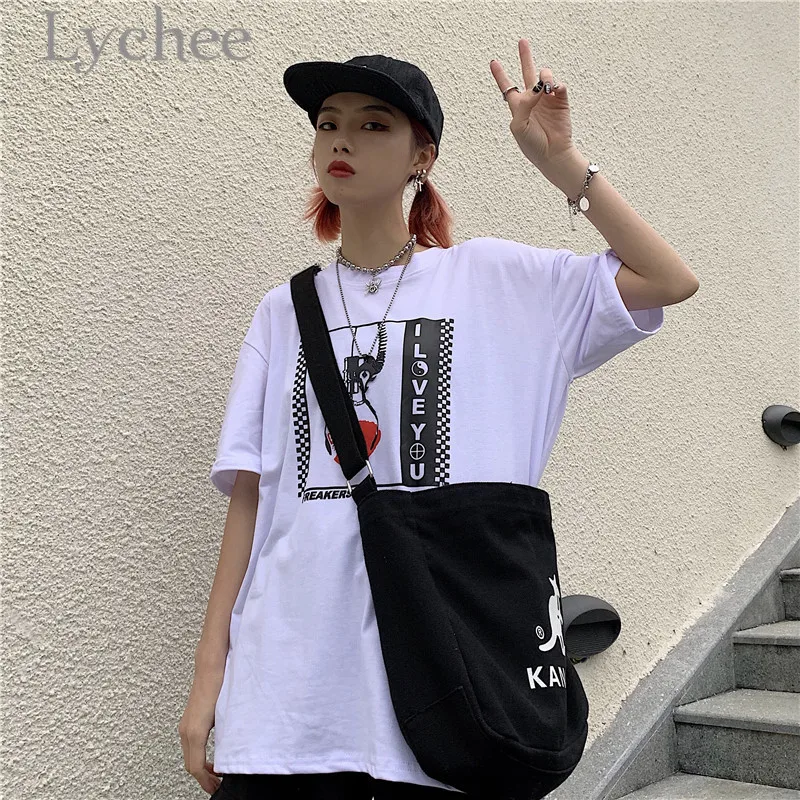 يتشي المتناثرة القلب منقوشة إلكتروني النساء تي شيرت السببية فضفاض قصيرة الأكمام الإناث تي شيرت الربيع الصيف المعتاد المحملة الأعلى