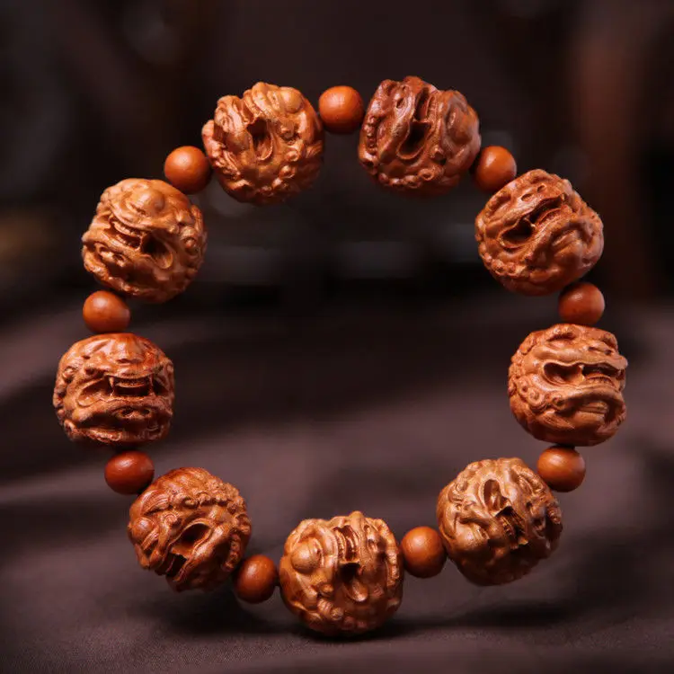 Pi Xiu Yao Foo Dog Lion Chinese Wood Carving Sculpture Bracelet Hand Strings