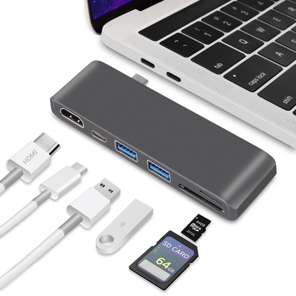 

Redlai USB C Hub To HDMI 4K 2 USB 3.0 PD SD/TF Card Reader Slot USB-C HUB Adapter for MacBook Pro/Air 2018 2019 Laptop Type-C