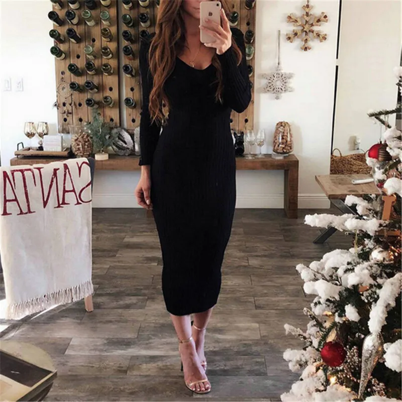

2019 New Spring Dress Women Sexy Slim Bodycon Dress Female V neck Long Sleeve Knitted Vintage Pencil Party Dress Vestidos