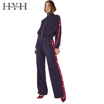 

HYH HAOYIHUI Side Straps Gold Snap Slits Wide-leg Trousers High Waist Loose Palazzo Pants New Arrival