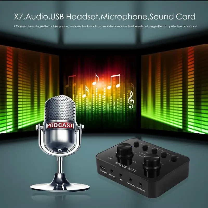 X7 الصوت USB ميكروفون سماعة الرأس البث الشبكي الترفيه غاسل كارت الصوت للهاتف المحمول الكمبيوتر الكاريوكي بث مباشر