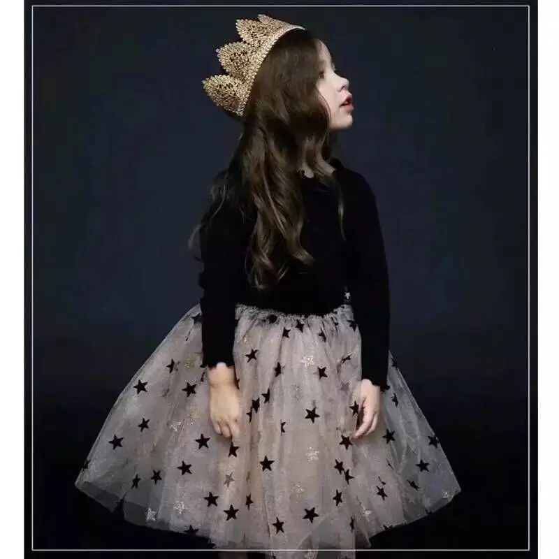 

2019 new girl long sleeve star princess fashion mesh knee short dress