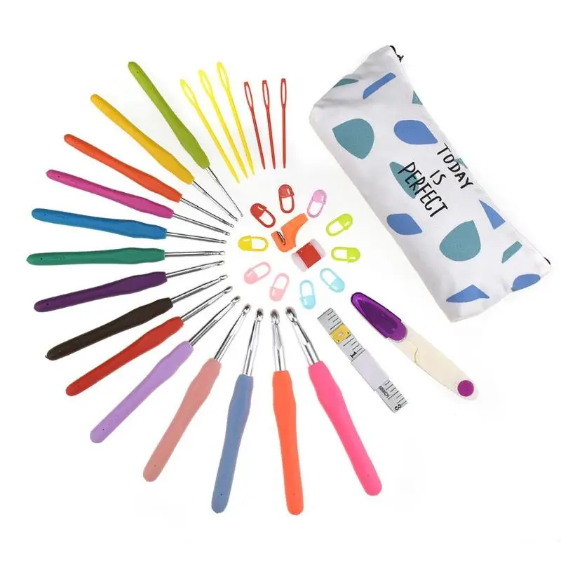 

14pcs TPR Soft Handle Aluminum Crochet Hooks Knitting Needles Stitching Knitting Needles Set DIY Craft Tools with bag Multicolor