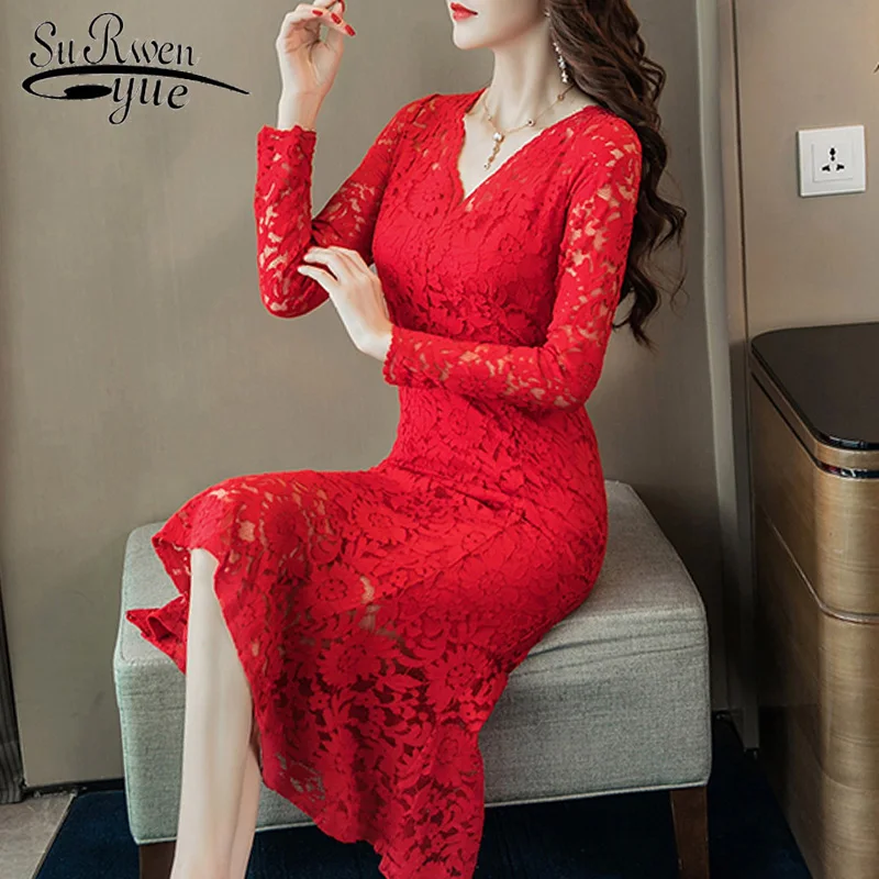 

women dress sexy hollow lace red women dress vestidos de verano long sleeve women summer dress 2019 vestidos elegantes 3945 50