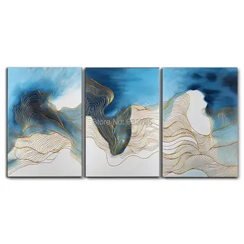 

Stretched Framed SUNRISE ART Handmade Abstract Wave Golden Lines Oil Painting Modern Wall Art for Decoration