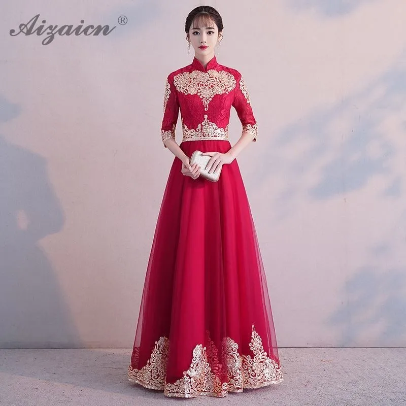 

Red Lace Cheongsam China Long Vintage Qipao Dress Traditional Chinese Bride Qi Pao Wedding Robe Orientale Evening Dresses