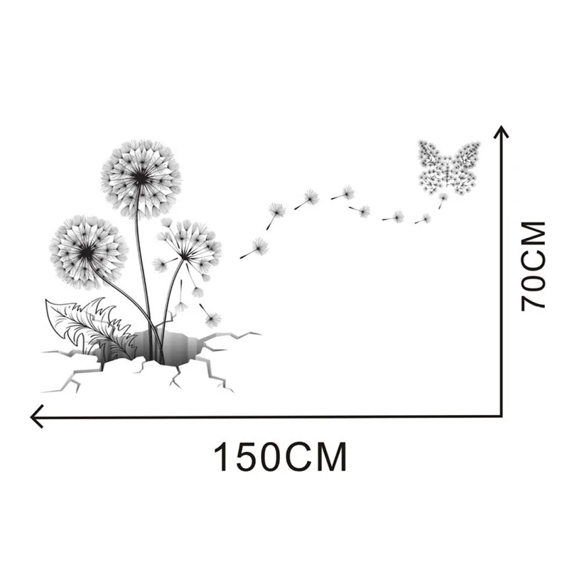 New Wall Stickers 3D Broken Wall Dandelion 150x70cm Waterproof Removable Wall Stickers For Kids Rooms Wall Art Home Decoration