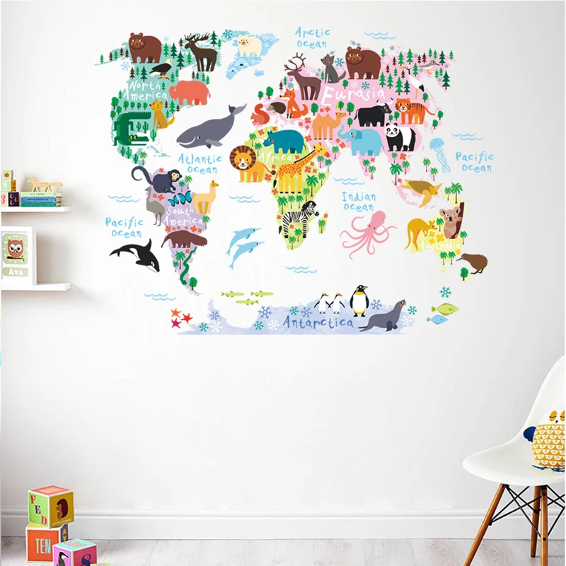 Tofok, Мультяшные животные, Карта мира, настенные наклейки, детская комната, декоративные наклейки на стены, бренд, 60*90 см, украшение для дома