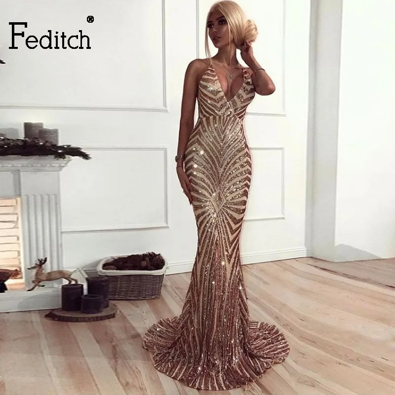 

Feditch Sequin Dress Women Deep V Neck Party Long Maxi Dress Backless Spaghetti Strap Solid Sexy Dresses Ladies Vestidos 2018