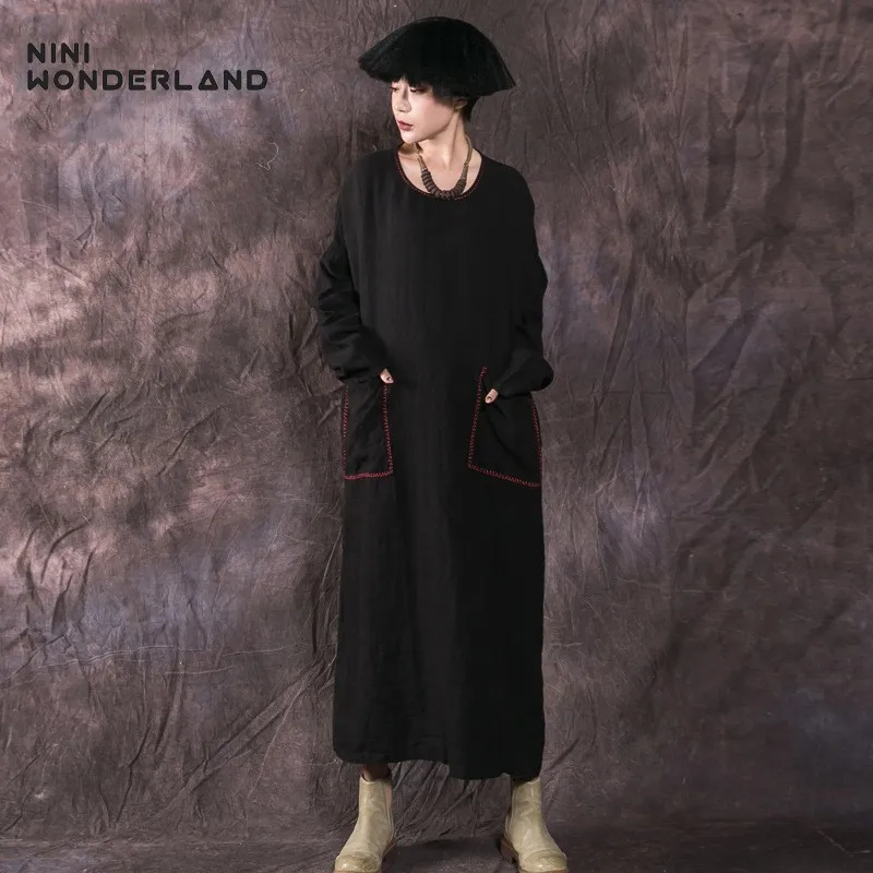 

NINI WONDERLAND Spring Autumn Plus Size Dress Women Embroidery Linen Dress Female Big Size Loose Robe 2018 Black Long Dresses