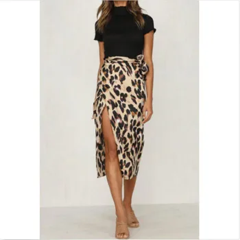 

Women Skirt Leopard Printed High Waist Polyester New Ladies' Sexy Open Fork Summer Bnadage Wears Joker Hot Sale Casual Summer