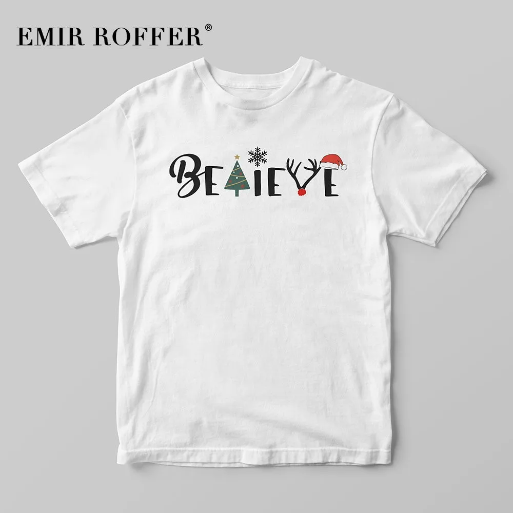 

EMIR ROFFER Funny Believe Christmas Shirt Graphic Tees White Women T Shirt Cotton Tshirt Sayings Harajuku Clothes Cute Tops
