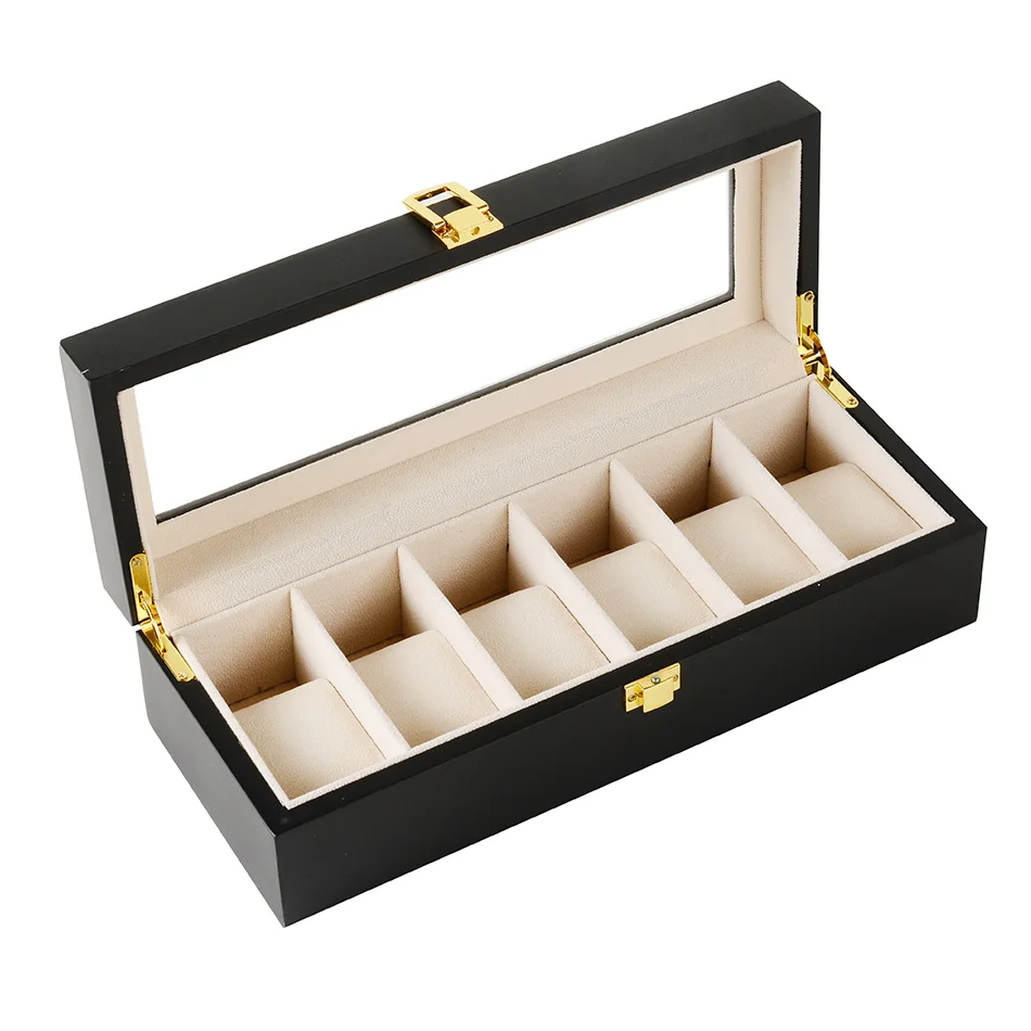

6 Plaid Black Wooden Watch Box Jewelry Display Storage Storage Watch Box