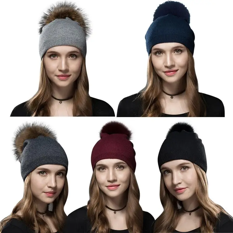 Girls Ribbed Ski Beanie Hats with Faux Fur Pom Pom/'s 6 colours fast post