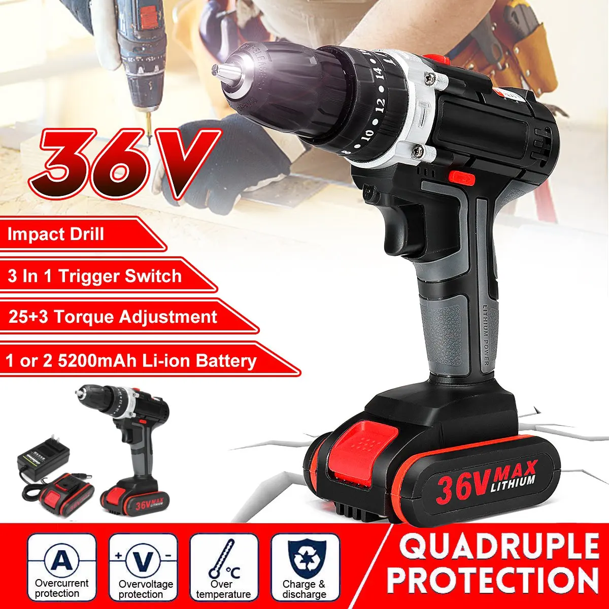 

36V Electric Impact Cordless Drill Home DIY 5200mAh 1/2 Lithium Battery Wireless Rechargeable Hand Drill Electric Power Tools