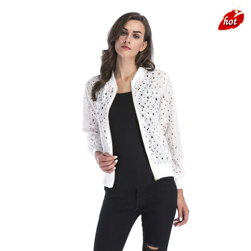 

2018 New Jackets for Women Spring Autumn Zipper Long-sleeved Jacket Women's New Lace Hollow Blouse Casual Coat Plus Size O8R2