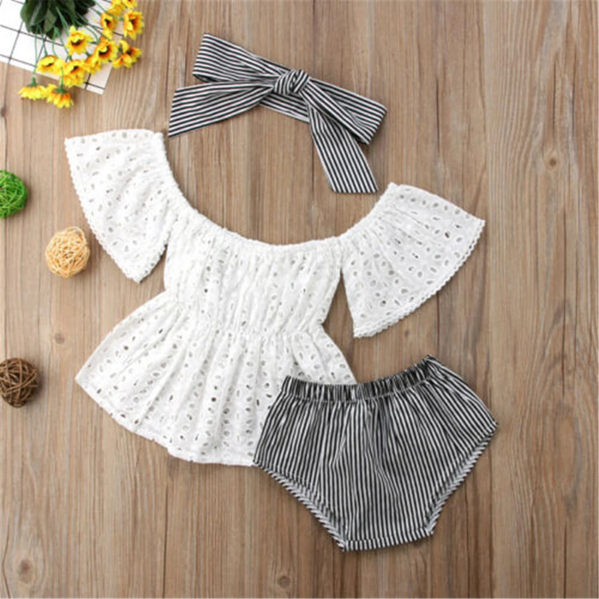 

Emmababy Newborn Baby Girl Off Shoulder Lace trumpet Sleeve + Striped Shorts + Bow Headhand Outfits 3Pcs Clothes