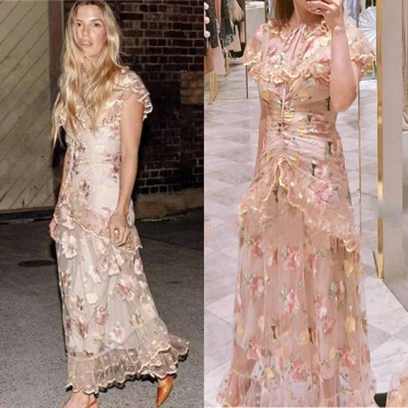 

2019 Newest Summer Sweet Sleeveless Ruffles A-Line Floor-Length Women Dress Bow Lace PatchworkButterfly Sleeve Empire Clothes