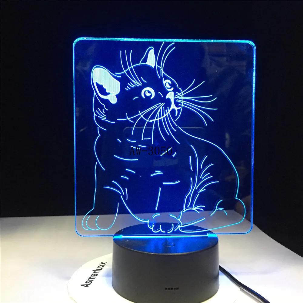 Кошка 3D ночник животное переменчивое настроение лампа LED 7 видов цветов USB иллюзия