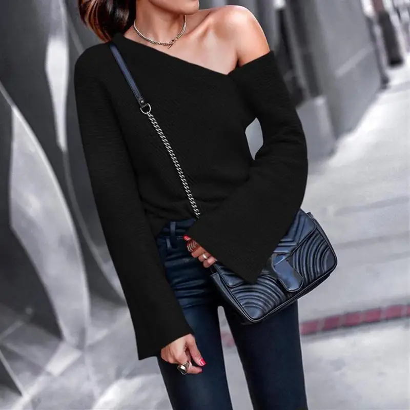Сексуальные Вязаные Свитера на одно плечо женские с длинным рукавом Slim Fit Модные