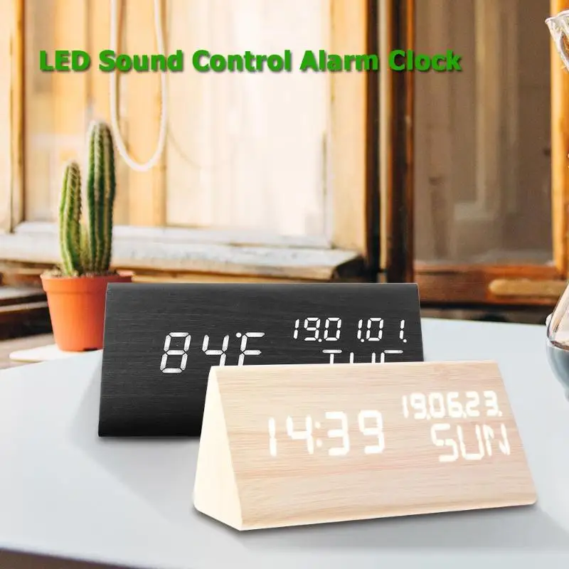 

LED Alarm Clocks Despertador LED Display Desktop Digital Table Clocks Wood LED Intelligent Induction Sound Control Alarm Clock