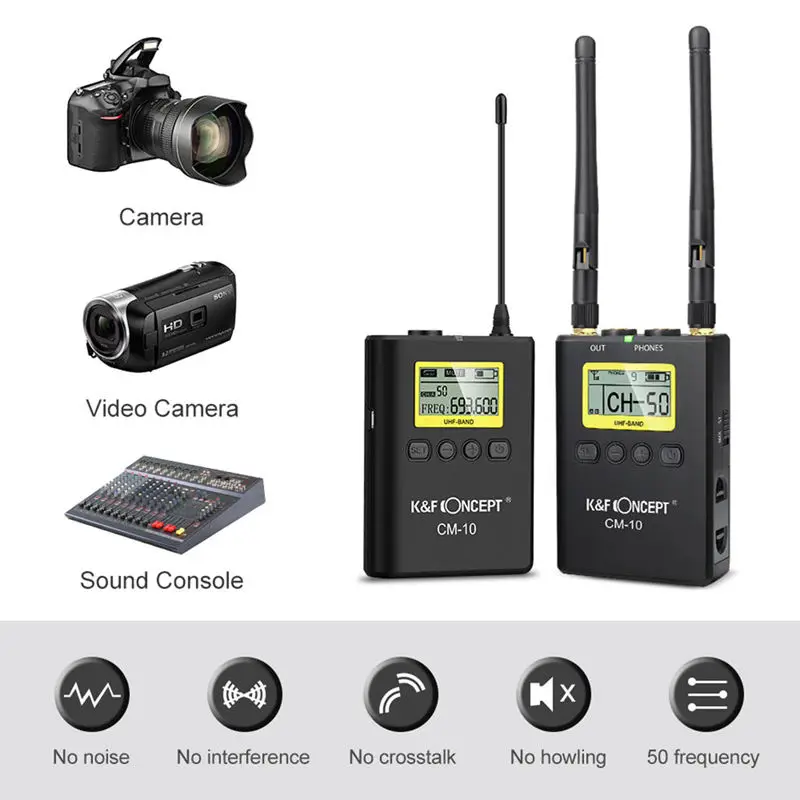 K & F مفهوم Cm-10 Uhf 100 M ميكروفون لاسلكي مهني نظام استقبال + 2 الارسال ل Dslr كاميرا مسجّل وكاميرا فيديو Mic
