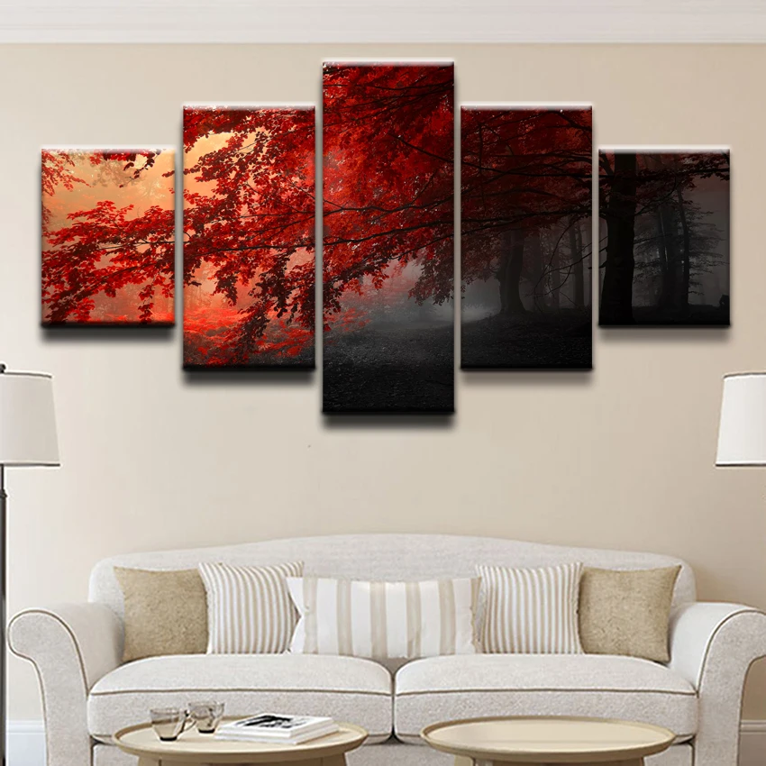 

Decor Modular Pictures Home Decor 5 Panel Fall Forest Grey Red Tree Paintings On Canvas Posters And Prints Pictures On The Wall