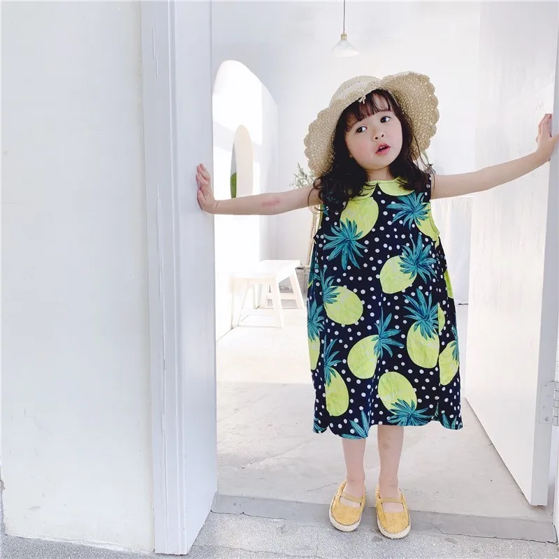 

2 3 4 5 Y Toddler Girls Dress Fashion Pineapple Print Sleeveless Cotton Doll Collar Kids Clothing Summer Seaside Vacation Dress