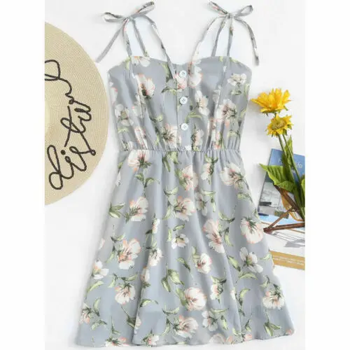 

2019 Fashion Women Boho Floral Summer Printed Beach Short Dress Evening party Casual Sundress