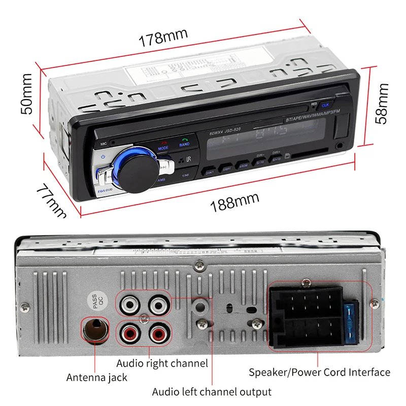 PHYEE Автомагнитола 1 Din Bluetooth Авто Стерео MP3 плеер аудио запись USB SD Aux 12 в ISO разъем в тире головное устройство JSD-520