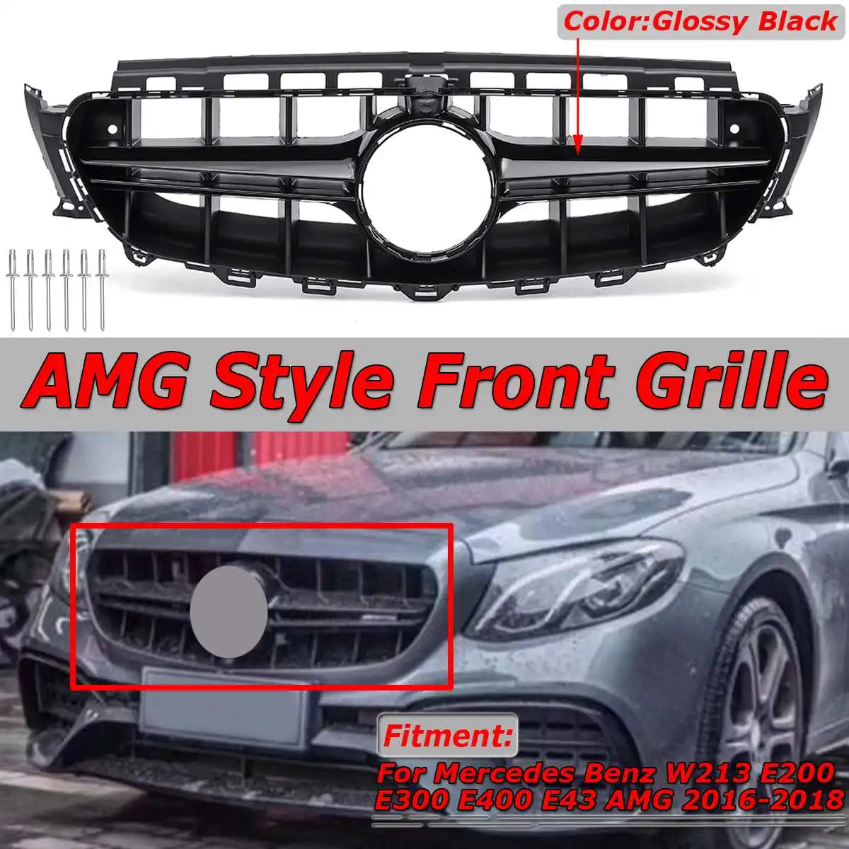 

For AMG Style Car Front Grill Grille MeshBumper Cover Trim For Mercedes For Benz W213 E200 E300 E400 E43 For AMG 2016-2019